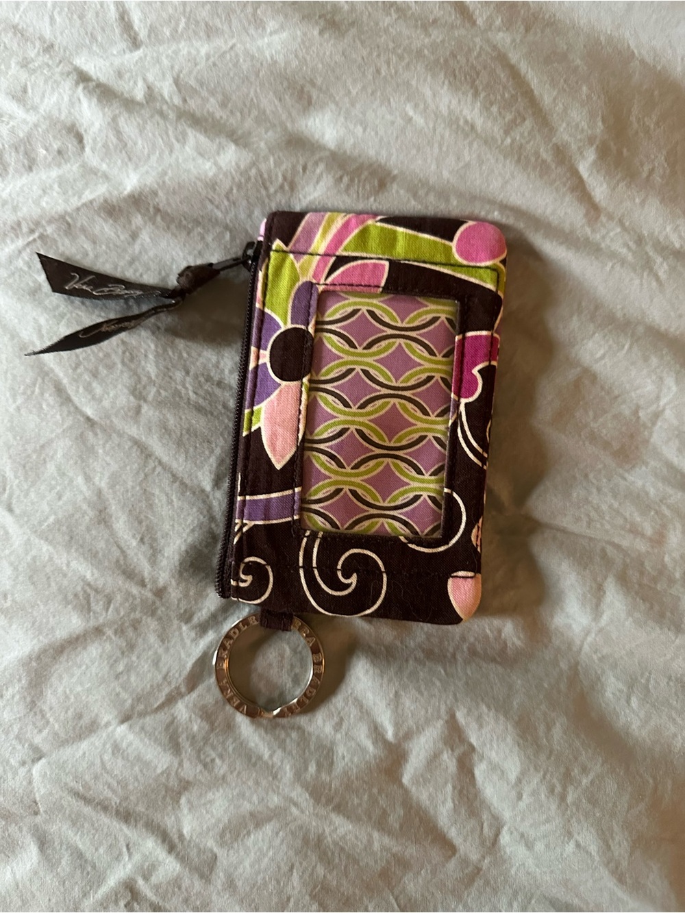 Vera Bradley Black Floral Zip ID Wallet with Key Ring
